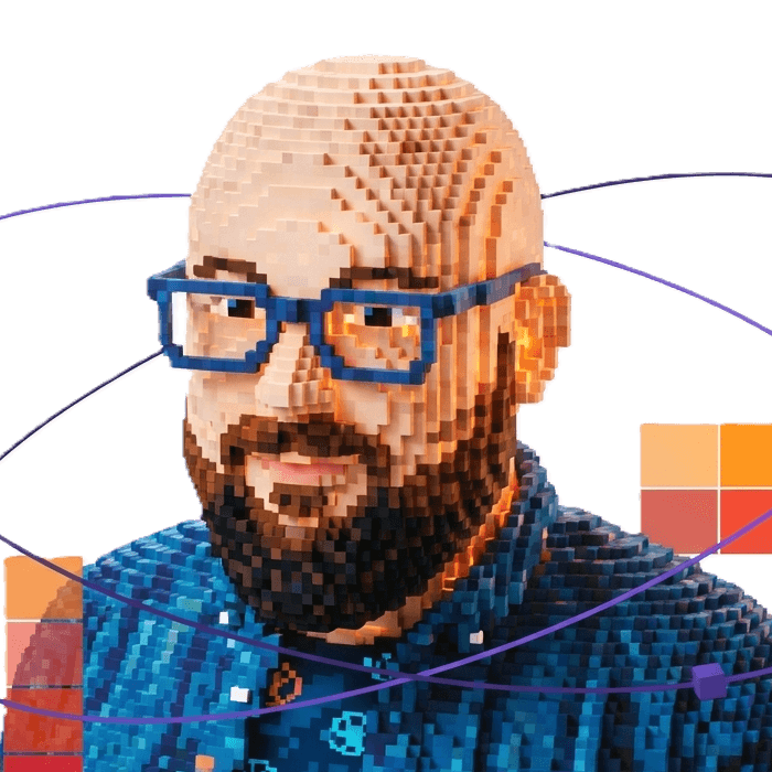 Voxel portrait of Nikola Kožuljević wearing blue glasses